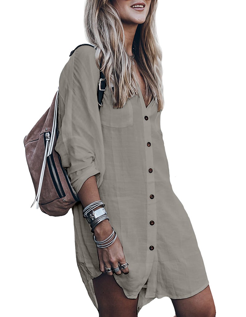 Zoye Chen Womenâ€™s Swimsuit Cover up,Silky Button Down Shirt Midi Dress Kimono,Summer Bathing Suit Beach Coverups for Women (CP-Aline) (Gray, Medium) - Image 1